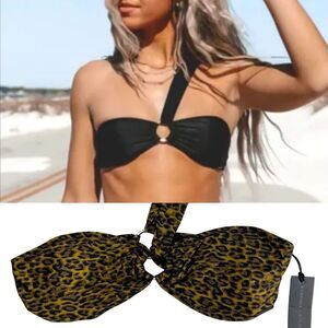 Kendall + Kylie NWT Bandeau Bikini Top Leopard L Ring Asymmetrical Beach Glam